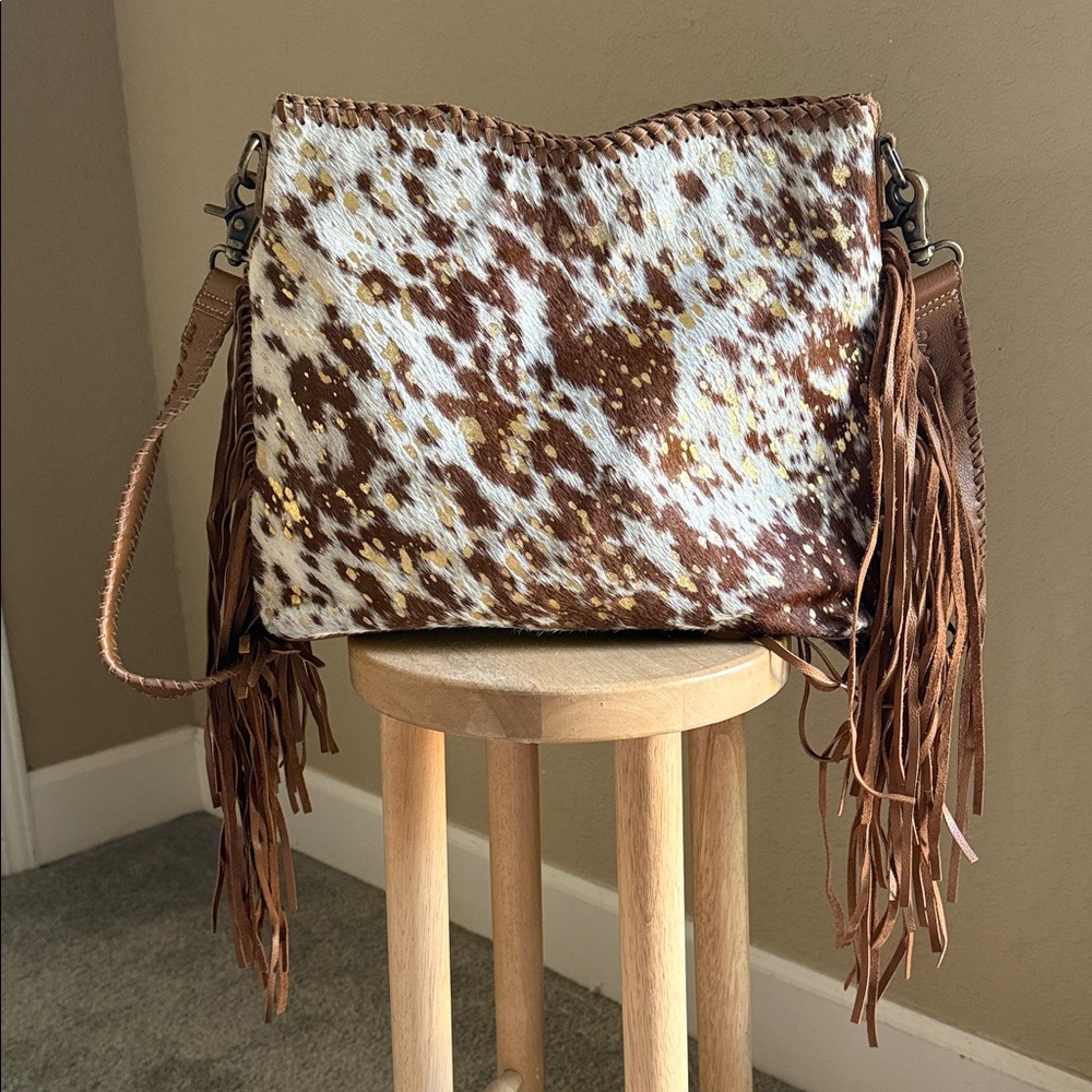 Myra Bag Brown and White Cow hide Fringe Shoulder Bag